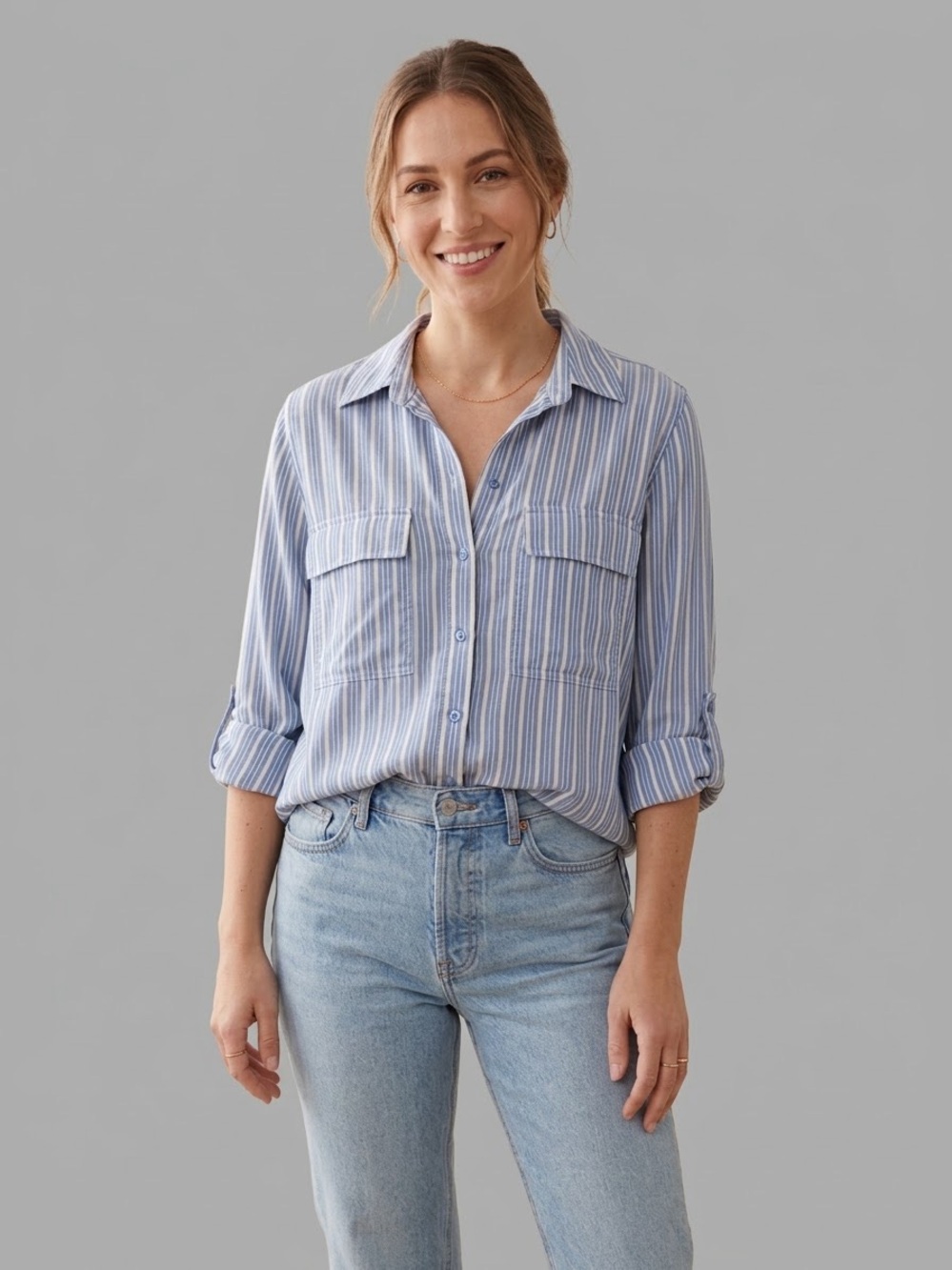 Aritzia Babaton Tencel Utility Shirt Blue White Striped Roll Sleeve M